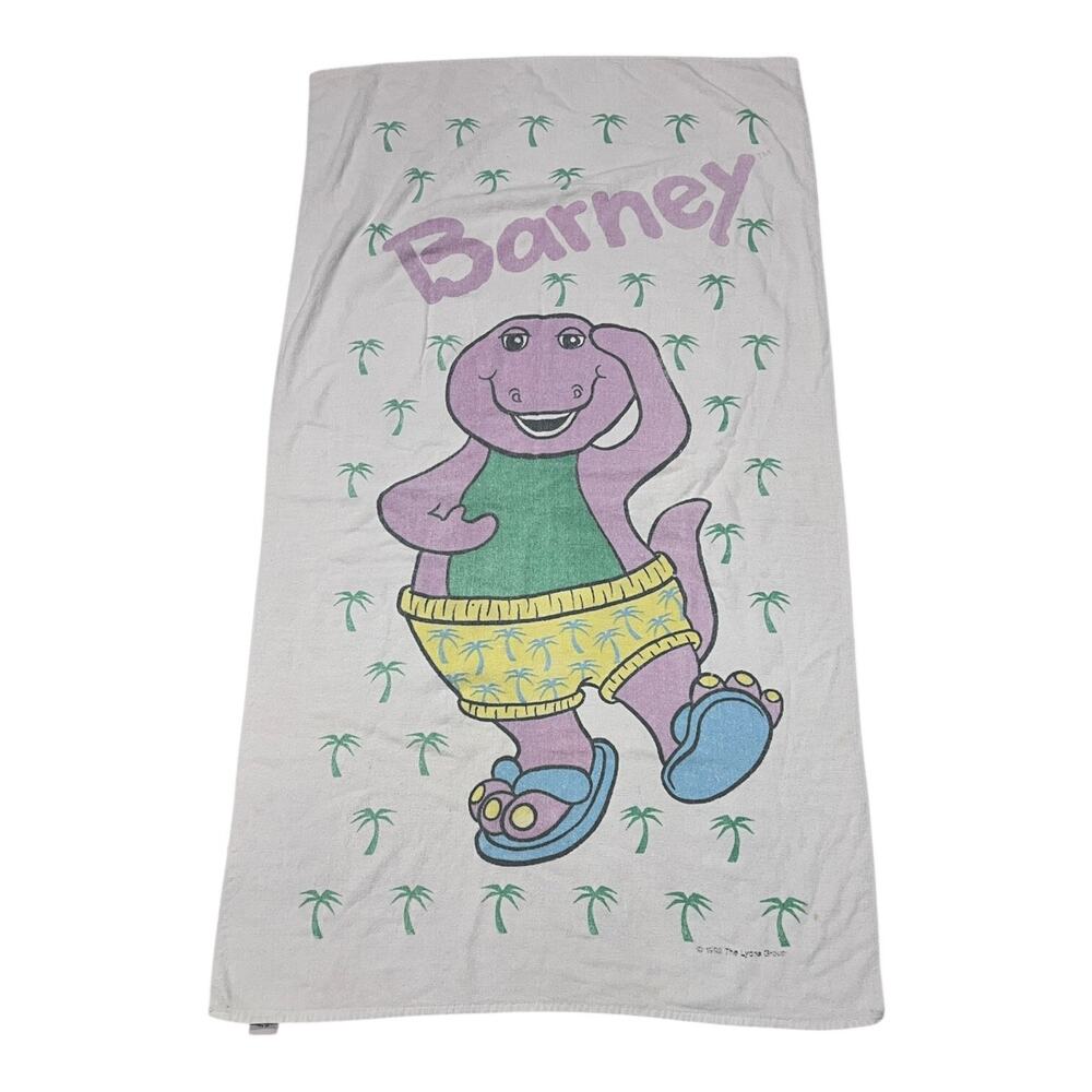 Vintage 1992 Barney Beach Towel Purple Dinosaur Palm Trees 30 x 52